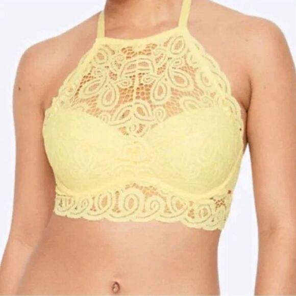 PINK Victorias Secret sexy Lace High Neck yellow padded push up bralette bra M - Picture 3 of 13